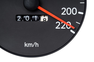 Speedometer pointer near 220 km. per hour and trip count shown 2017 to 2018 : Concept idea is speed up to A.D. 2018