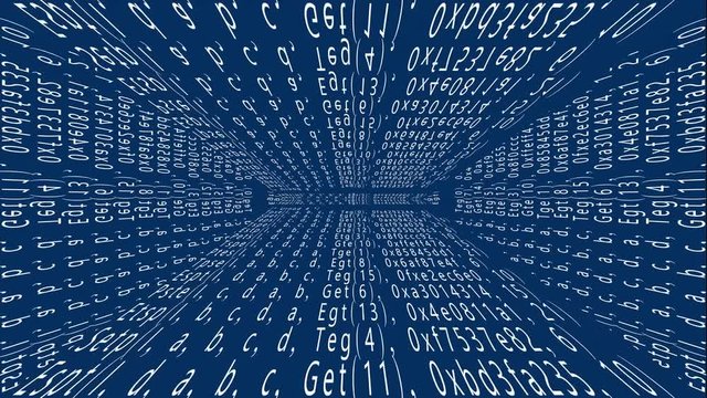 A 3d cyberspace corridor with walls made of scrambled distorted source code scrolling text for cryptography.
