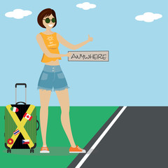 Caucasian girl with suitcase hitchhiking