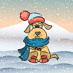 Sad dog with hat and scarf,winter stress concept