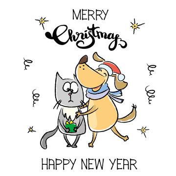 Cute Merry Christmas winter card,dog hugs and congratulates cat