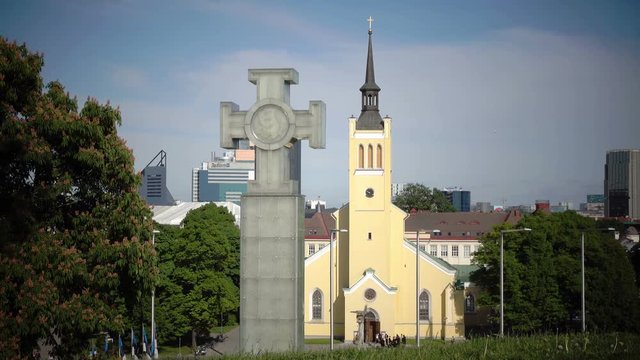 Freedom monument , is devoted to Emancipating war of 1918-1920, and St. John's Church, 1860 on Freedom Square. Tallinn, Estonia