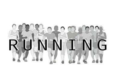 Marathon runners, Group of people running, Men and Women running with text running design using grunge brush graphic vector.