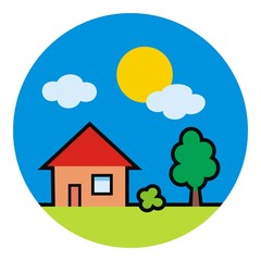 House and garden. Silhouette of house, bush and tree. Vector icon at circle frame. Colored illustration.At background is sun and clouds.