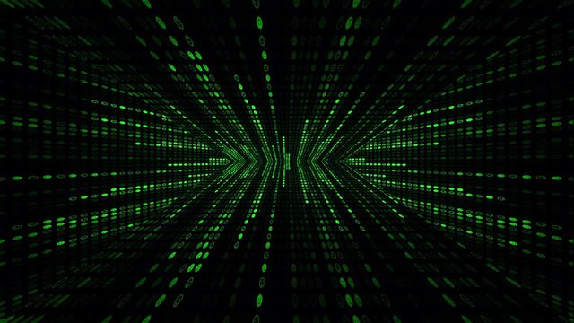 A 3d cyberspace corridor with walls made of random symbols falling down (smiles, code rain, a popular sci-fi movie effect).
