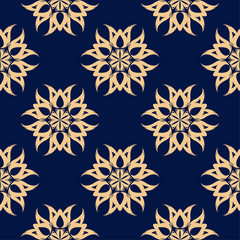 Golden floral seamless pattern on blue background