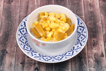 Delicious streamed sweet corn ,pumpkin and ,ginkgo in coconut milk .