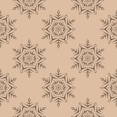 Snowflakes seamless pattern. Brown and beige background with christmas elements