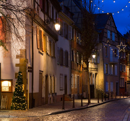 Old street  at night in winter, Colmar, France