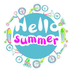 Template with the phrase Hello summer. Set of sporting goods. Lettering. Vector