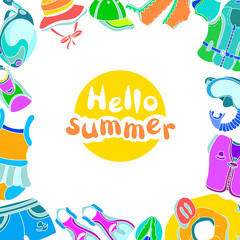 Template with swimming goods for kids and phrase Hello summer. Vector color illustration.