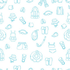 Seamless pattern of swimming goods for kids on white background. Vector icons Illustration.