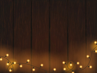 Christmas lights on wooden background . Glitter defocused golden vector illustration