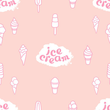 Seamless pattern of ice cream and lettering. Collection. Soft art line. Vector set