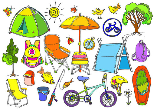 Set with children's trekking in the forest, fishing, picnic. Doodle vector