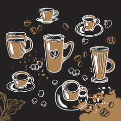 Obraz premium Set of different cup of tea and coffee. Graphic handmade sketch. Vector illustration
