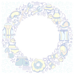 Template with swimming goods for kids in circle. Vector color illustration.