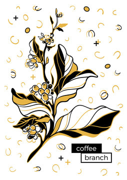 Coffee branch with leaves and coffee beans. Botanical contour drawing. Retro memphis style, pop art. Vector template