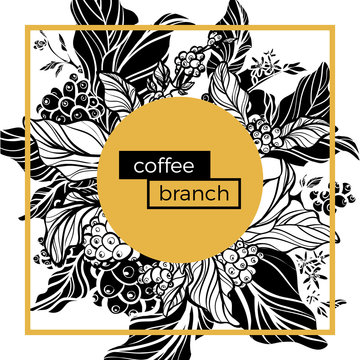 Trendy template. Coffee branches with leaves, flowers and natural coffee beans. Vector