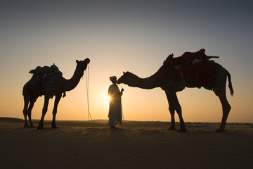 Rajasthan travel background - Indian cameleers (camel drivers) with camels silhouettes in dunes of...