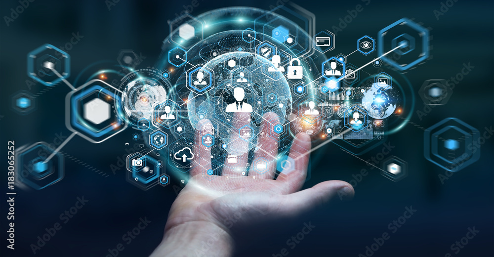 Poster Businessman using social network interface 3D rendering