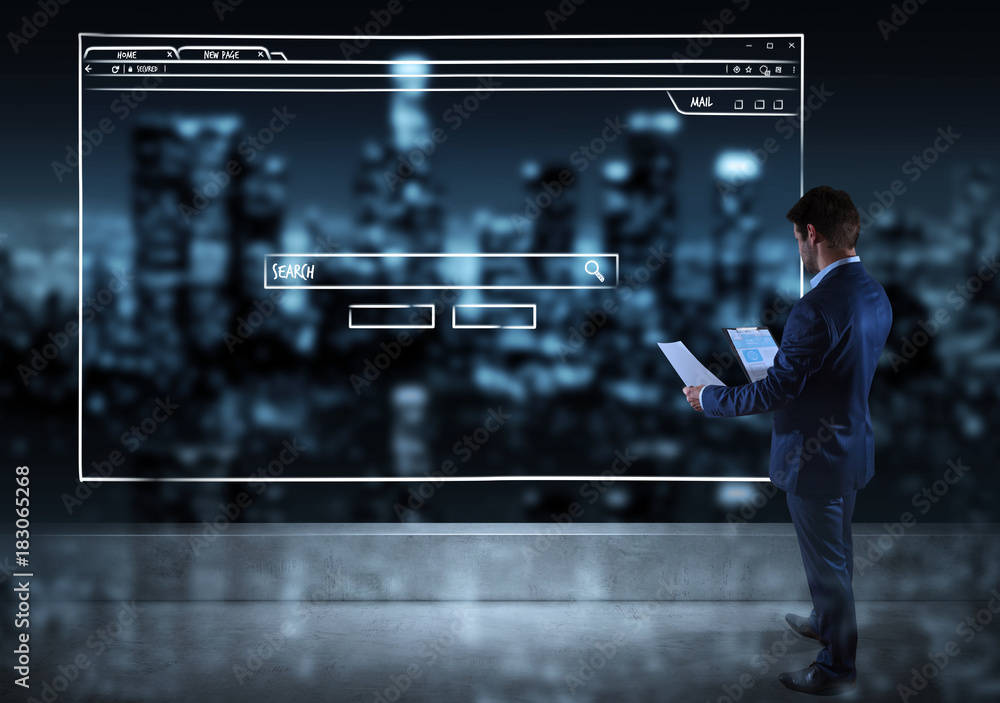 Wall mural businessman watching website page sketch on a rooftop 3d rendering