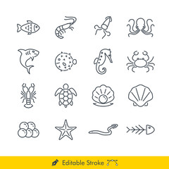Fish and Seafood Icons / Vectors Set - In Line / Stroke Design