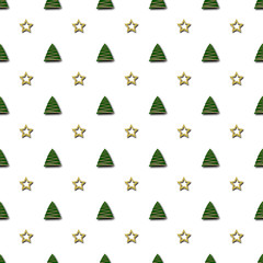 Stock Illustration - Seamless Pattern, Christmas Tree and Golden star, 3D Illustration, white Background.