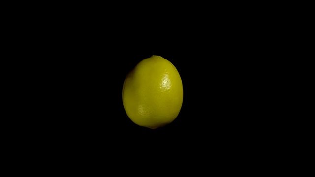 Close-up rotation yellow lemon, fresh citrus isolated on black background.