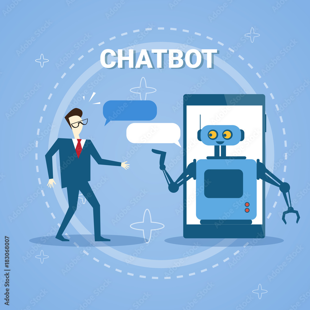 Poster man chatting with chatter bot from smart phone online support assistance technology vector illustrat
