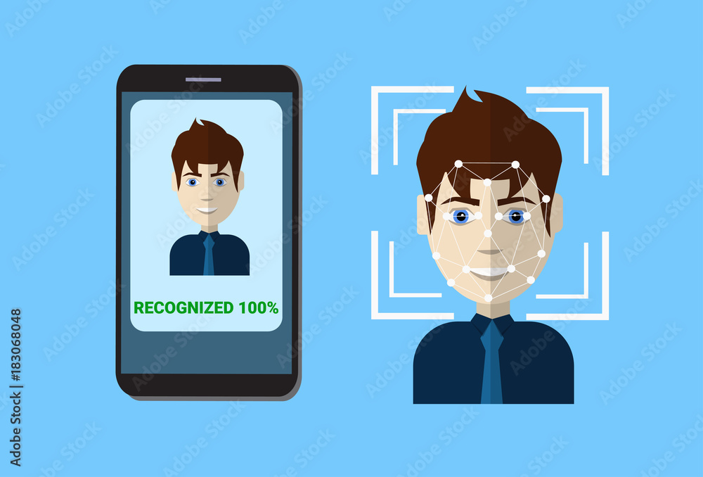 Poster biometric scanning system of control protection smart phone scan user face, facial recognition techn