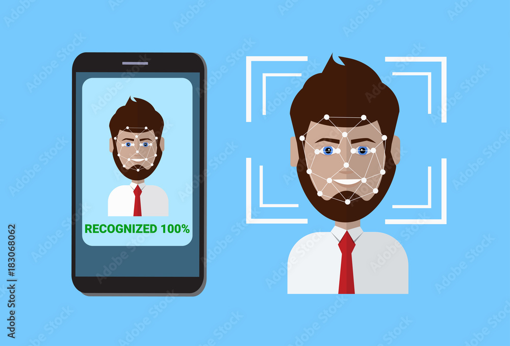 Poster biometric scanning system of control protection smart phone scan user face, facial recognition techn