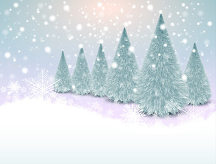 Christmas background with snowflakes and winter christmas trees
