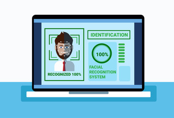 Biometrics System Of Protection Laptop Scanning Man Face, Facial Recognition Concept Vector Illustration