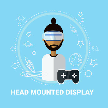 Head Mounted Display Man Wearing Virtual Reality Headset Modern Gaming Technology Concept Vector Illustration