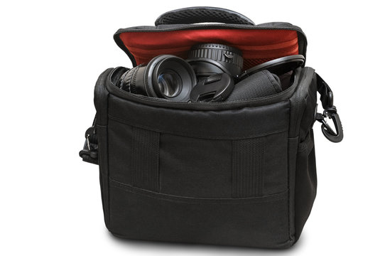 Bag For Camera And Accessories On A White Background.