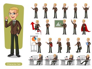 Set of blonde businessman in brown suit cartoon character design with different poses, isolated against white background.