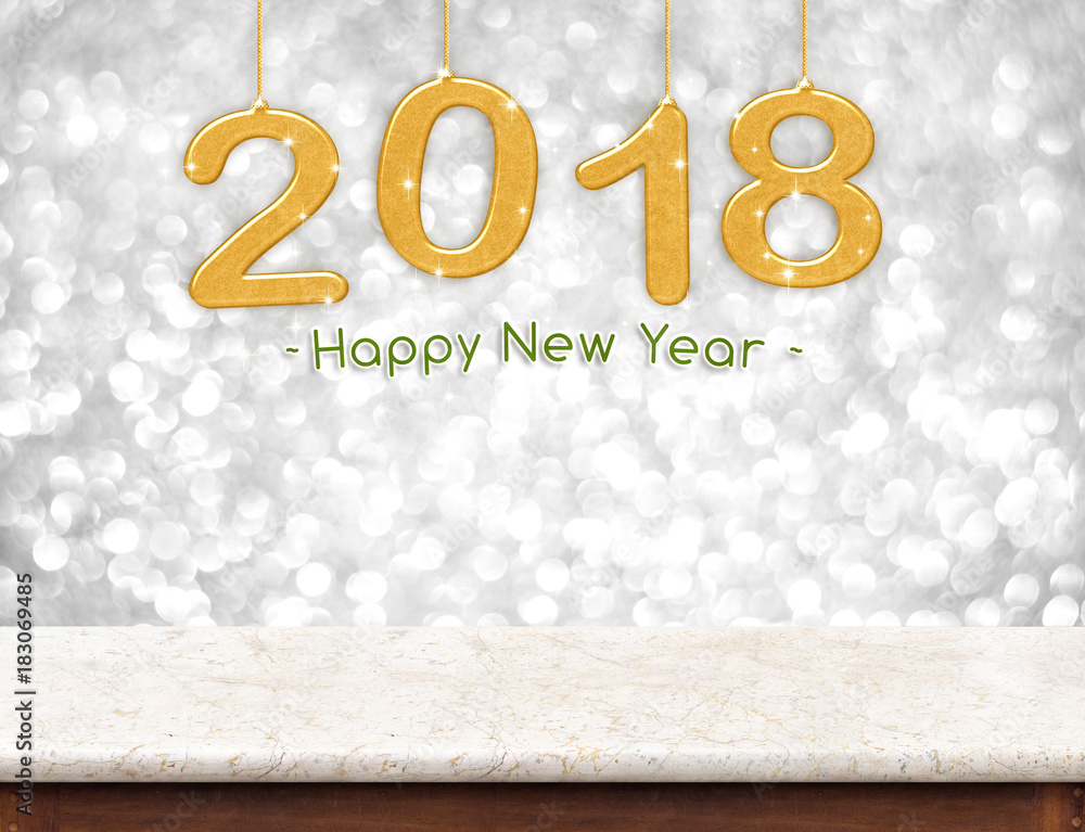 Poster gold 2018 (3d rendering) happy new year hanging over marble table top with silver sparkling bokeh wa