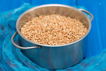 uncooked spelt in pot on wooden background