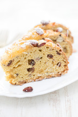 fruit cake with nuts on white dish