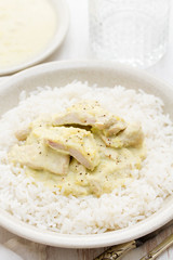 turkey curry with boiled rice on plate