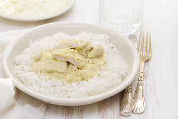 turkey curry with boiled rice on plate