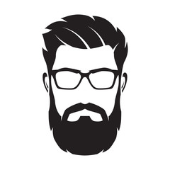 Bearded man's face, hipster character. Fashion silhouette, avatar, emblem, icon, label. Vector illustration. - obrazy, fototapety, plakaty