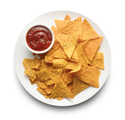 Nachos on white plate isolated on white background