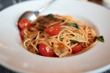 Plate with spaghetti melanzane