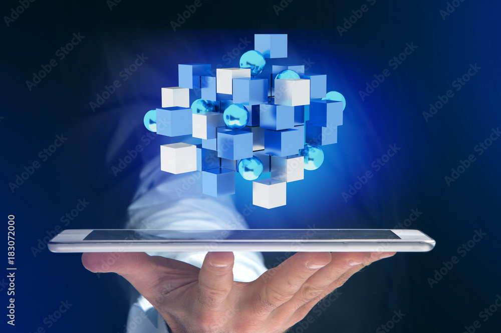 Poster 3d rendering blue and white cube on a futuristic interface
