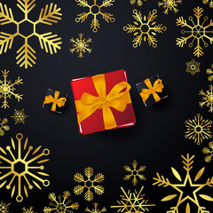 Marry Christmas and Happy New Year banner on dark background with snowflakes and gift boxes. Vector illustration.