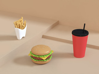 abstract fast food hamburger red cup french fries set on cream background cartoon style 3d rendering