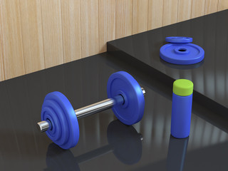 blue dumbbell 3d rendering sport fitness concept
