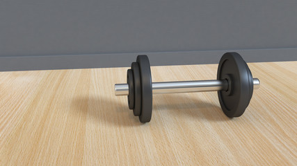 Obraz na płótnie Canvas black dumbbell on wood floor 3d rendering sport fitness concept